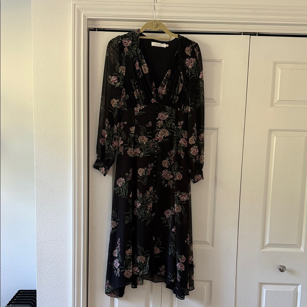 Astr Long Sleeve Black Dress with Pink Floral Pattern